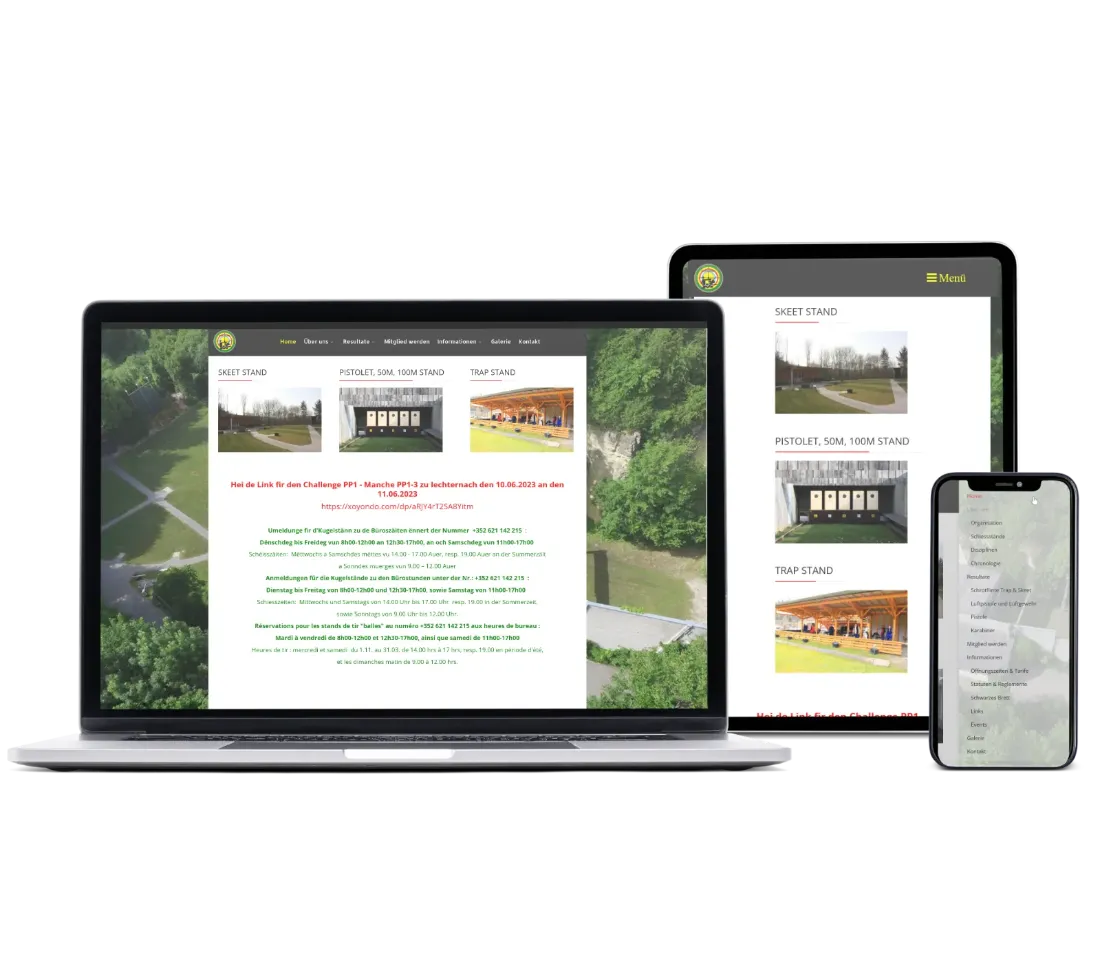 Die Tir Echternach Homepage wird auf einem Bildschirm, Tablet und Smartphone angezeigt.